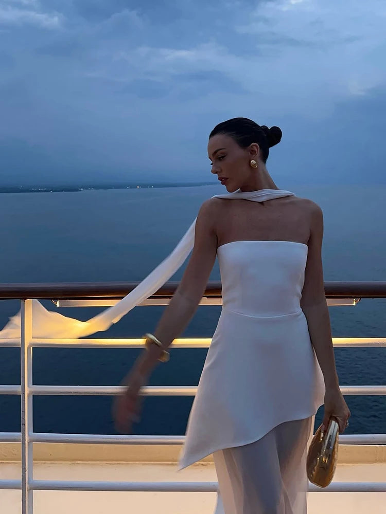 NEW Arrivals UK Size 4 Colors Italian Luxury Fashion Strapless Dress With Ribbon Female Elegant Sleeveless Mesh Evening Beach Night Club Sexy Long Dress Spring Summer Ladies Luxury Fashion Clothing Supplies