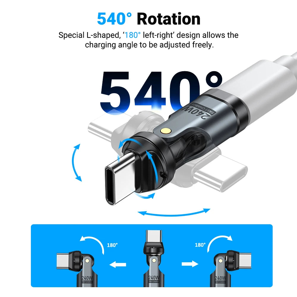 NEW PD240W USB C to Type C OTG Adapter 540 Rotation 5A Fast Charge Cable Converter for iPhone 16 MacBook Samsung Xiaomi Laptops Electronic Supplies