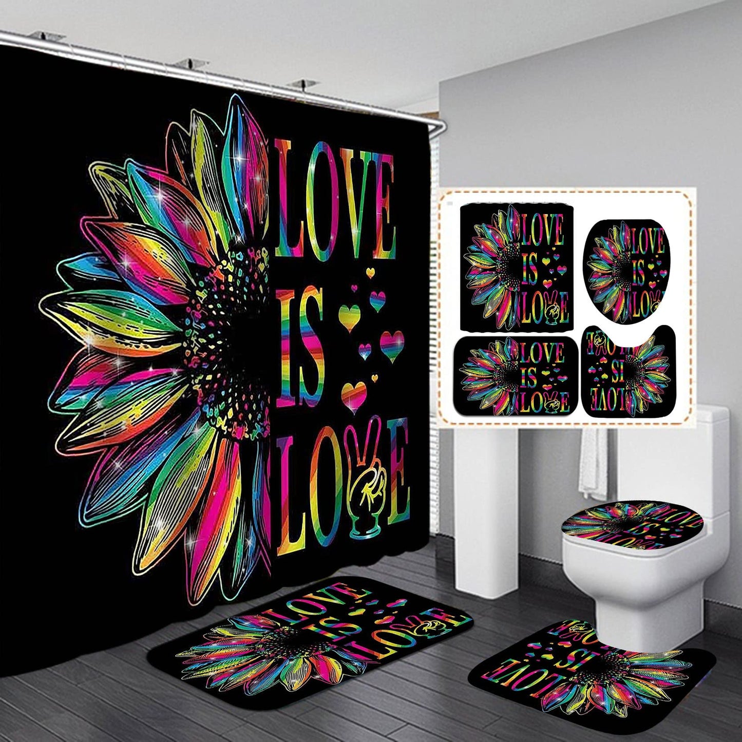 Rainbow Pride Gay Flag Shower Curtain Set Bath Mat Bathroom Set Toilet Carpet Floor Rug Gay Pride Lesbian Peace LGBT Home Decor