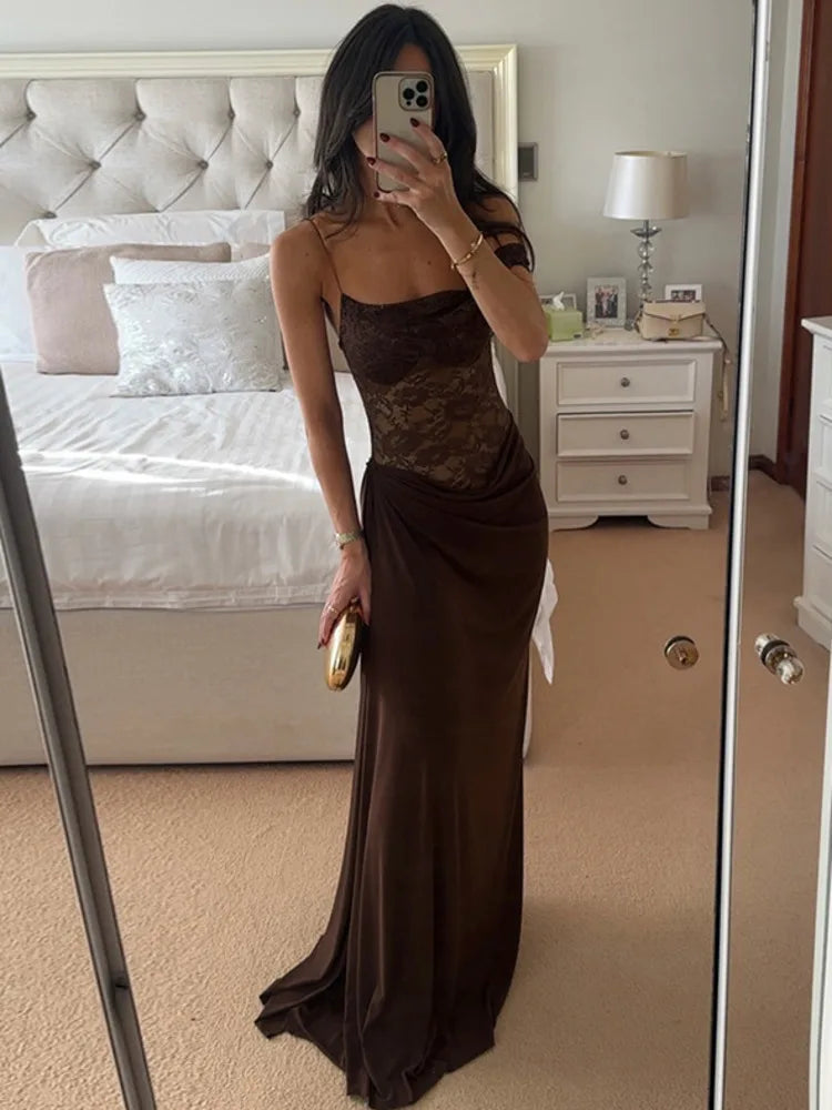 NEW Brown/Burgundy/Black Color UK Size One Shoulder Lace See Through Sexy Maxi Dress Women Gown Fashion Off-shoulder Sleeveless Backless Evening Party Club Long Dresses