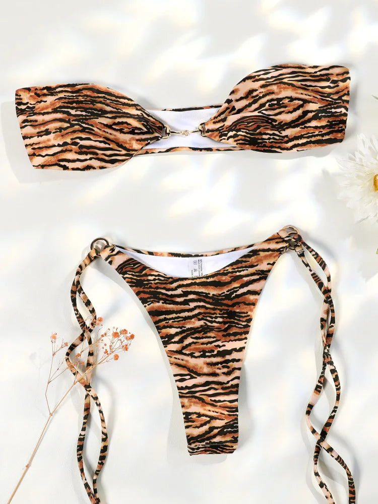 Bandeau Swimsuit Sexy Bikinis Leopard Print Swimwear Summer Bikini Set Push Up Bathing Suits Brazilian Biquini Beach Wear
