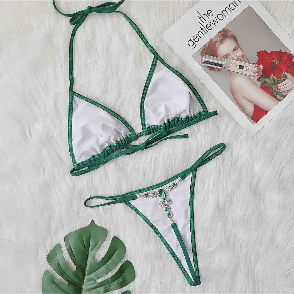 NEW Super Sexy Crystal Diamond Bikini Set Brazilian Thong Solid Triangle Swimwear Fashion Beach Party Wear Women Sexy Swimwear Girls Beachwear