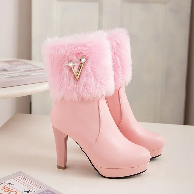 NEW Arrivals Luxury Snow Raccoon Fur Boots Women Autumn Winter New Fur Round Head Zipper Crystal Thick Heel High Heels Short Tube Boats Ladies Shoes Size 35-43 White/Black/Pink