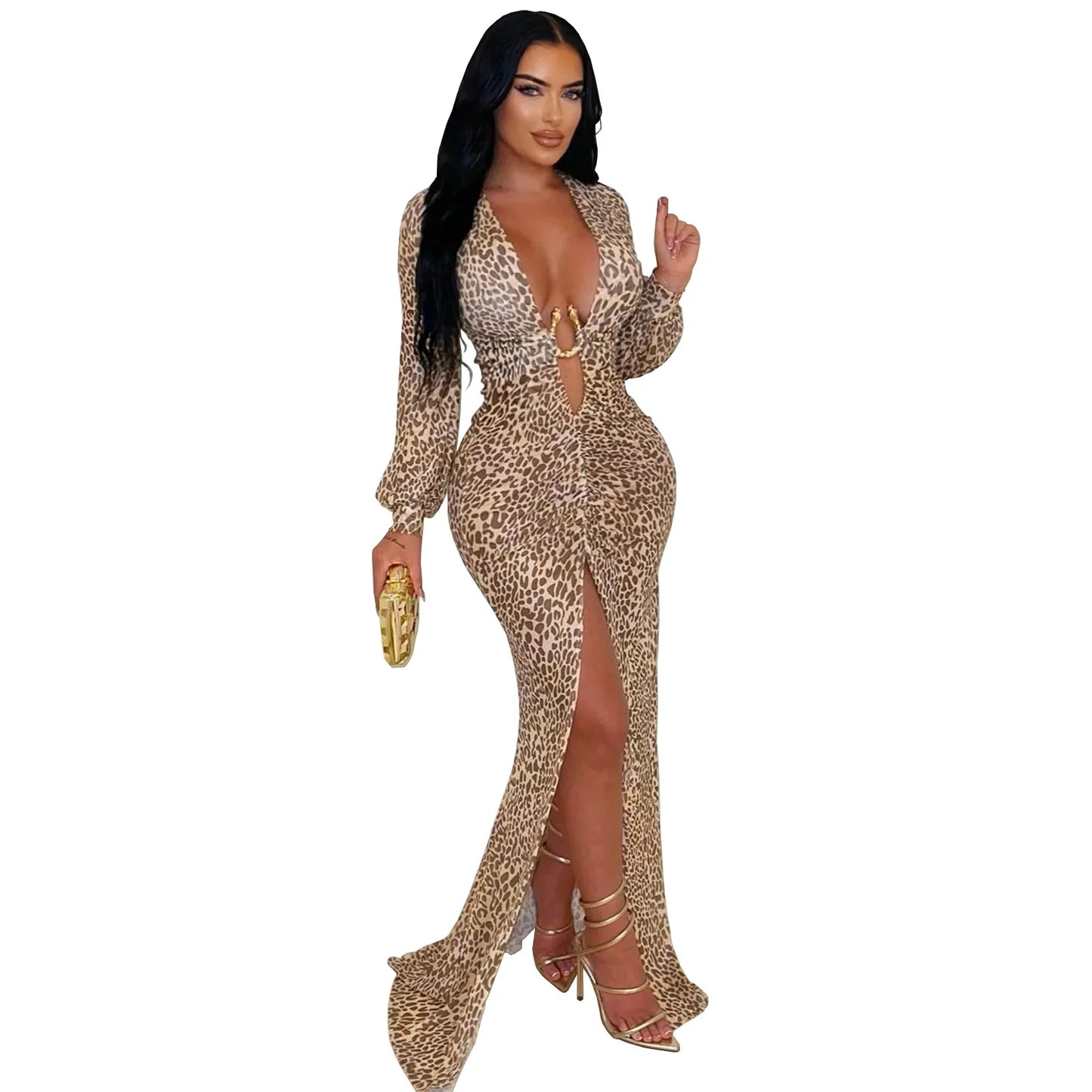 S-2XL UK Plus Size Sexy Street Elegant Leopard Split Dress Women Metal Decoration Deep V-Neck Peach Hip Midnight Club Stretch Skinny Sexy Maxi Bodycon Evening Party Dress
