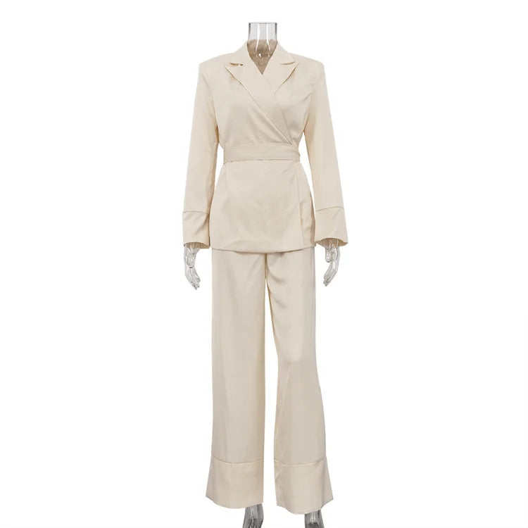 NEW 2PCS Set S-XL UK Size Elegant Beige Satin Trousers Business Office Lady Formal Outfit Spring Women V-Neck Long Sleeved Lace Up Top +High Waist Loose Wide Leg Pants Female Ladies Luxury Fashion Clothing Supplies