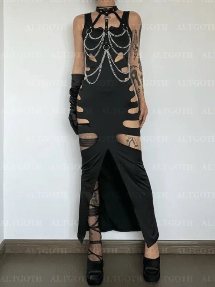 NEW Arrivals UK Size Harajuku Gothic Dark Dress Women Streetwear Cyber Punk Y2K E-Girl Grunge Sexy Hollow Out High Waist Bodycon Dress Female Evening Rave Party Dress