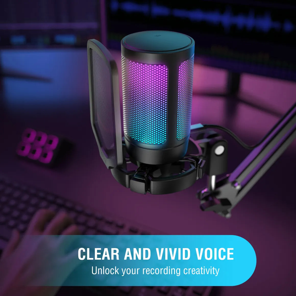 RGB USB Condenser Gaming Microphone, for PC PS4 PS5 MAC with Pop Filter Shock Mount&Gain Control for Podcasts ,Ampligame A6V