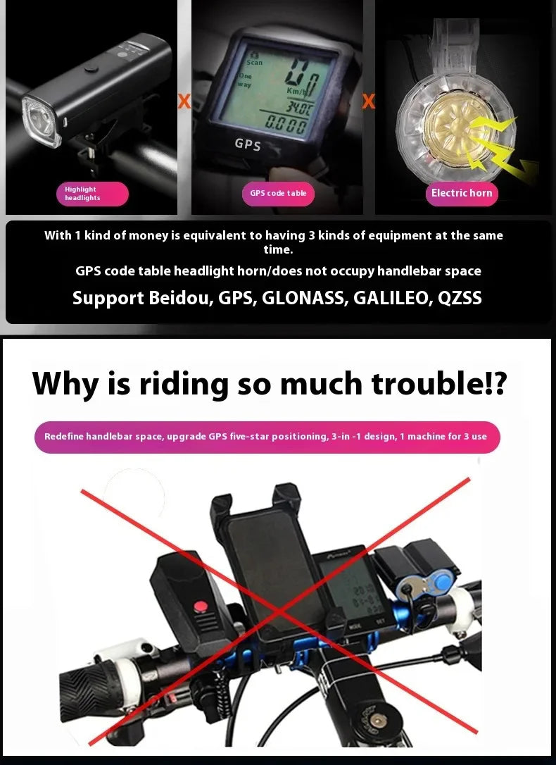 NEW GPS Wireless Code Table Speaker Light 3 in1 Five-Star Positioning 4000mAh Long Endurance High Brightness Riding Equipment Bicycle Accessories