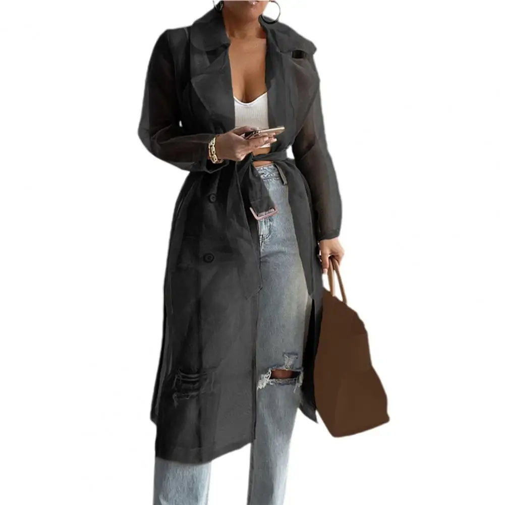 NEW Arrivals Black/White/Coffee Spring Italian Fashion Women Mesh Jacket Puff Sleeve Sunscreen Shirt Net Yarn See Through Spring Summer Lace-Up Long Shirt Thin Coat