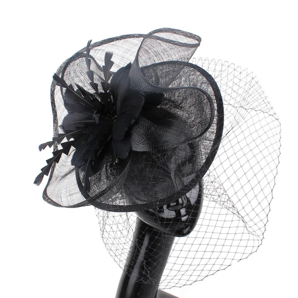 NEW Luxury Women Female Black Fascinator Hat with Veil Funeral, Cocktail Tea Party Sunday Church Feather Headwear Racing Formal Hats Girls Ladies Luxury Fashion Apparel Accessories Clothing Supplies