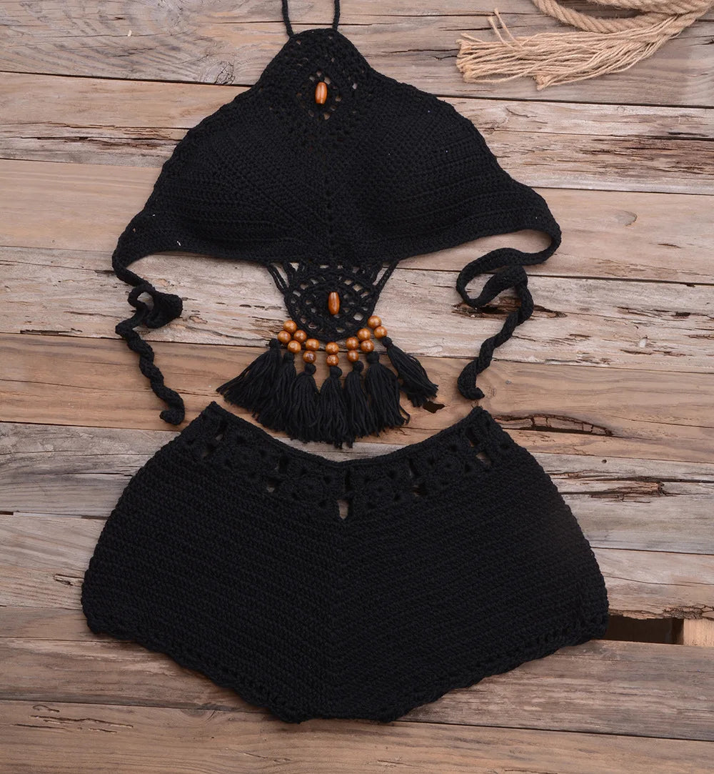 Handmade Bohemian Women Girls Bikini 2PCS Set Crochet Knitting Mini Bra Top With Short Swimsuit Pareo Beachwear Suit Female Sexy Ladies Summer Beach Luxury Fashion Clothing Supplies