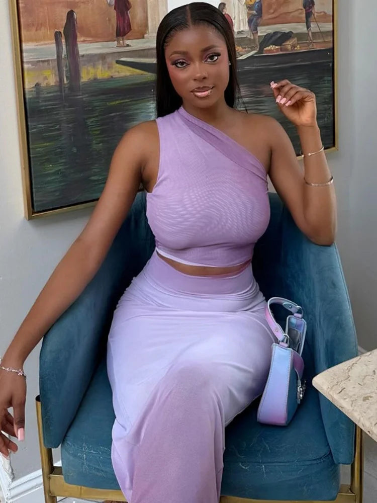 2 PCS Suit UK Size Purple/Pink Color Sister Star Fresh Fashion Neckless Wrap Hip Tight Gradient Color Slant Neck Slightly Transparent Long Dress Two Piece Set
