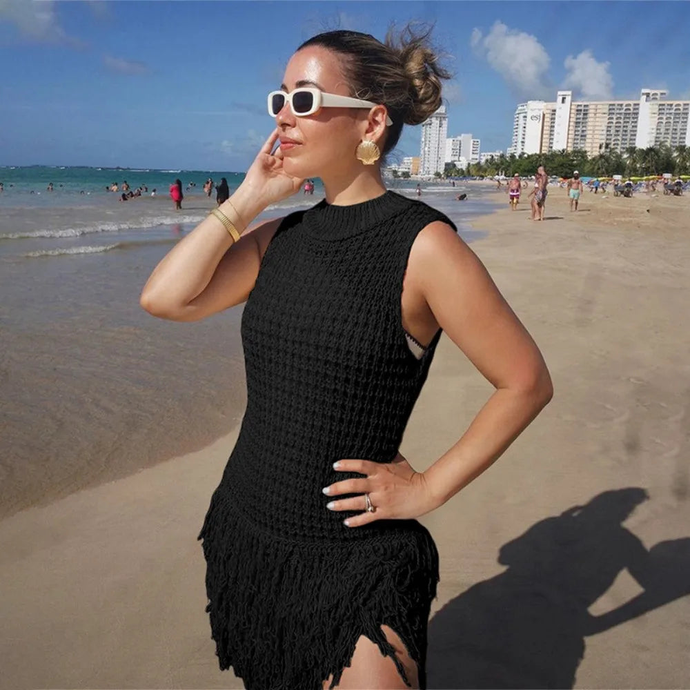 NEW Arrivals UK Size Black/White Color Italian Fashion Tassels Hollow Out Splicing Mini Dresses Women Round Neck Sleeveless Slim Elegant Lady Clothing
