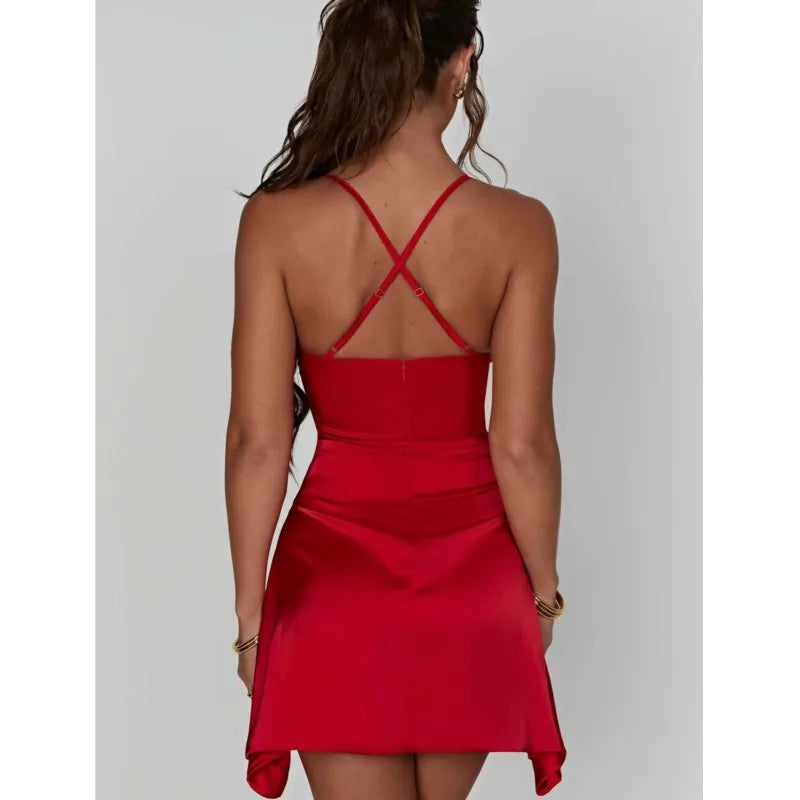 NEW Arrivals UK Size 5 Colors Sexy Satin Mini Dress Ladies Summer Evening Beach Party Night Club New V-neck Backless Solid Color Suspender Party Dresses Girls Fashion Mini Dress