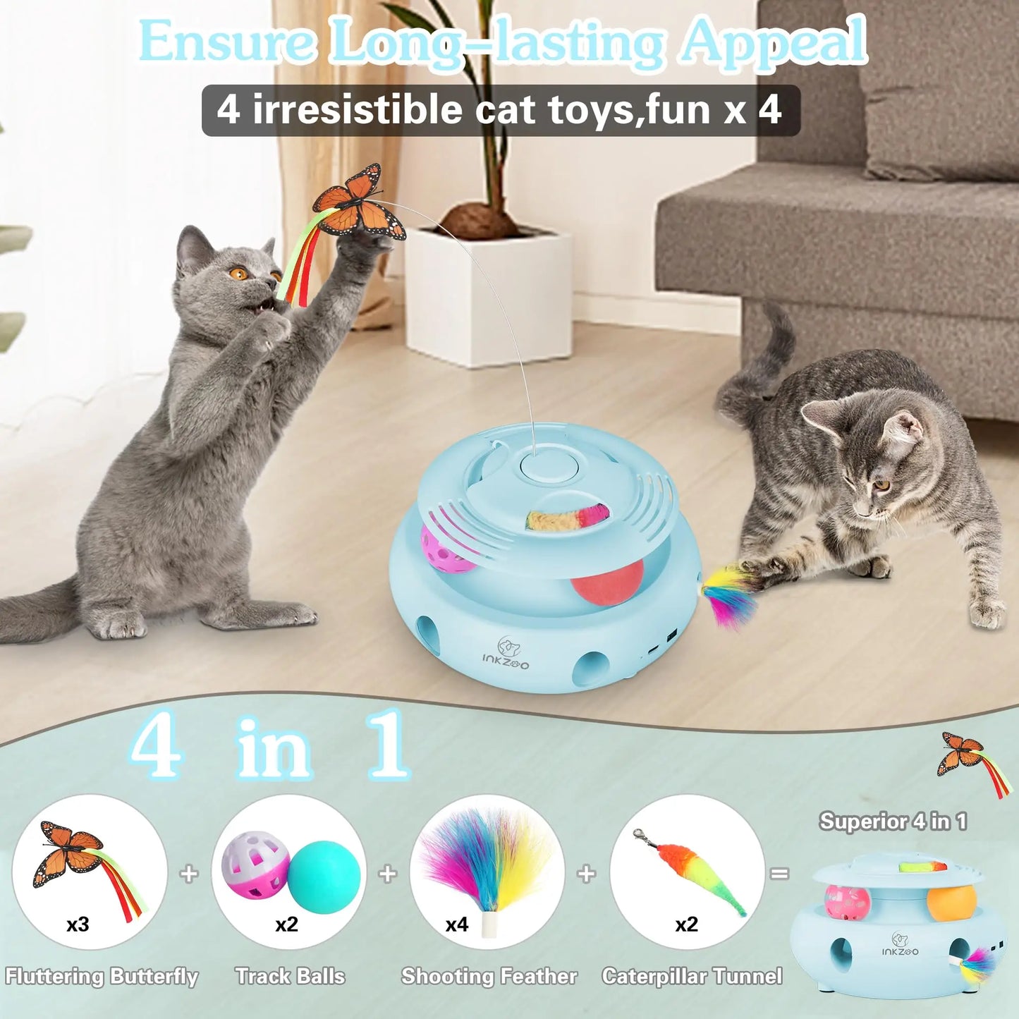 NEW Arrivals 4-in-1 Set Interactive Cat Toys for Indoor Cats, Automatic 6 Holes Mice Whack-A-Mole, Fluttering Butterfly, Track Balls, USB Rechargeable Pets Interactive Toys Accessories Training Games Supplies
