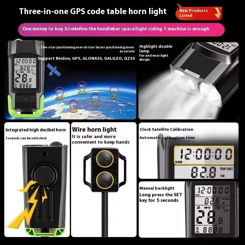 NEW GPS Wireless Code Table Speaker Light 3 in1 Five-Star Positioning 4000mAh Long Endurance High Brightness Riding Equipment Bicycle Accessories