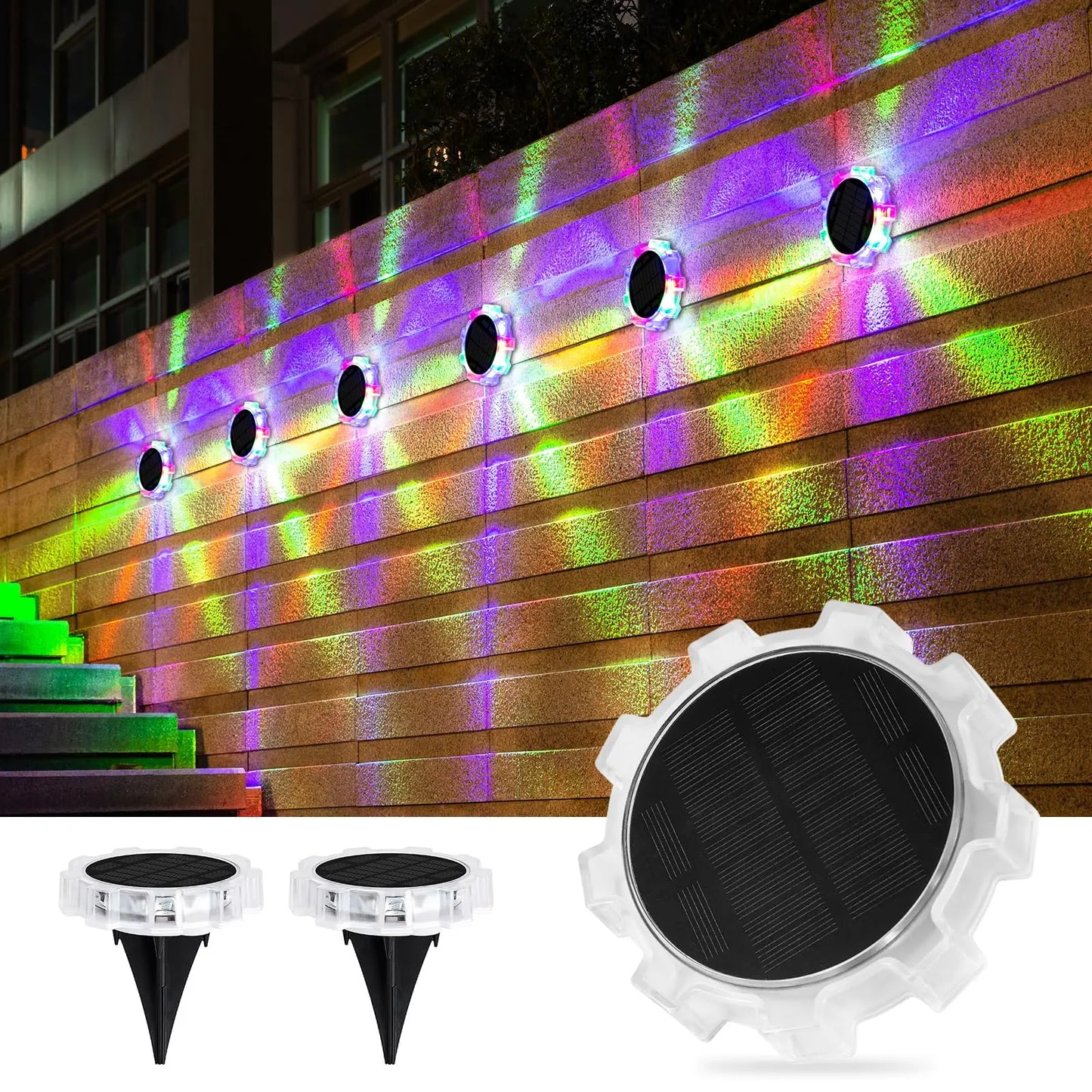 NEW Arrivals 2PCS Set Solar Ground/Wall Lights Outdoor RGB Waterproof 4 Modes Waterproof LED Ground Lights Color Changing for Yard Wall Deck Garden Pathway
