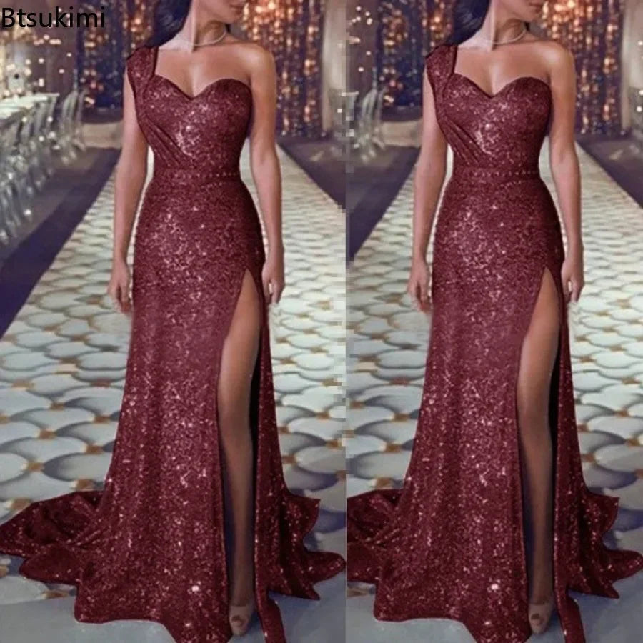 NEW Arrivals M-4XL 8 Colors Women's Wedding Party Dress Evening Elegant Sexy Deep V-Neck One Shoulder Sleeveless Sequined Long Maxi Dresses Ladies Luxury Fashion Clothing Products