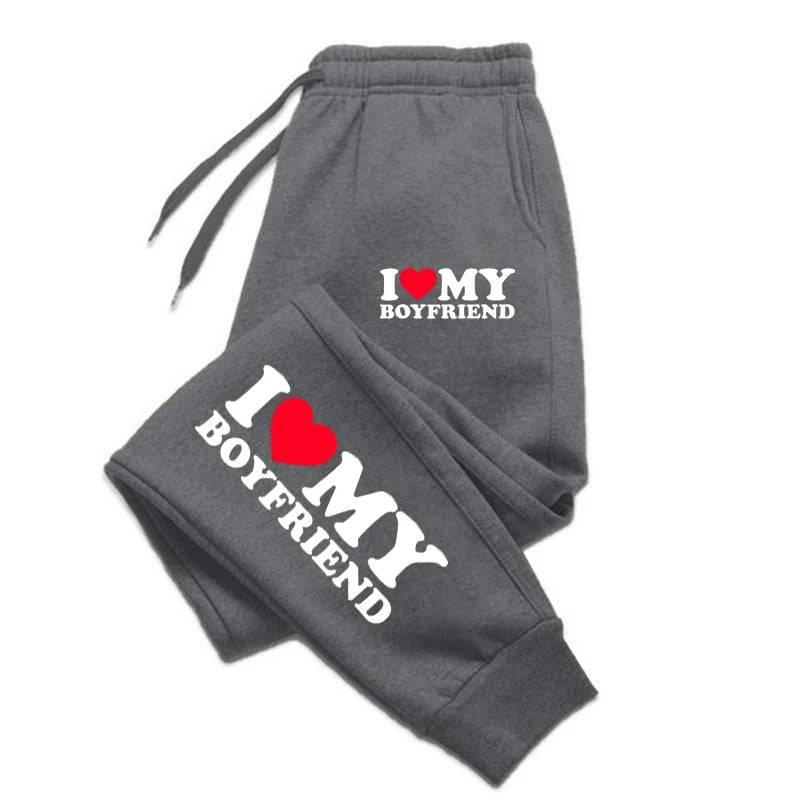 NEW Arrivals S-3XL UK Plus Size Autumn Woman Man Couple Sweatpants *I Love My Boyfriend* Tracksuit Loose Casual Warm Pants Pocket Drawstring Sportswear