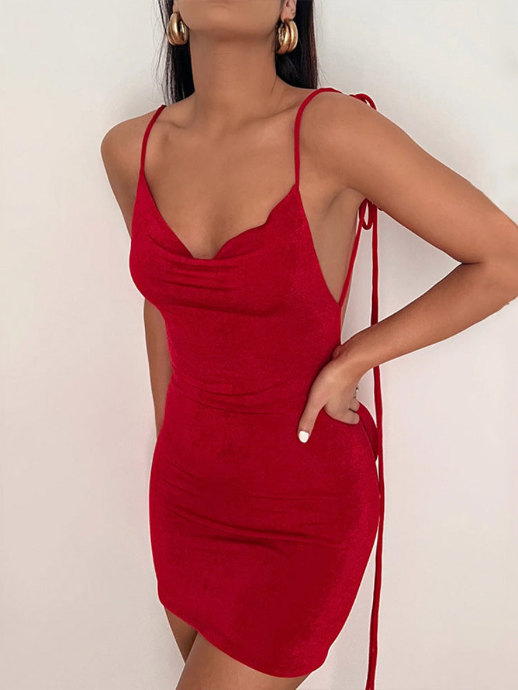 NEW Arrivals Red/Apricot Color Sexy Back Deep Open Backless Slim Velvet Spring Dress Women Long Spaghetti Shoulder Strap Skinny Summer Mini Dress Elegant Evening Beach Party Night Club Dress