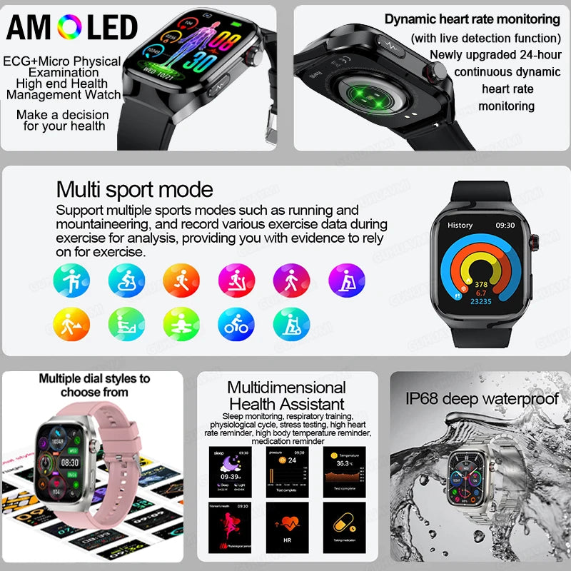 New Uric Acid Blood Fat Blood Oxygen Heart Rate Smart Watch Men Blood Sugar ECG+PPG Blood Pressure Bluetooth Call Sports for Xiaomi Health Watch Medical Accessories Supplies Health Care Products