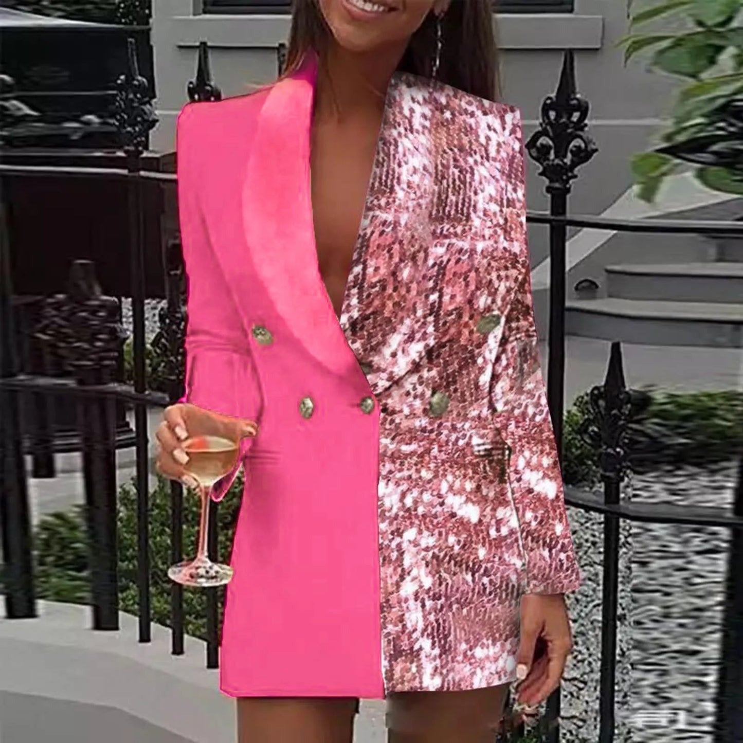 NEW Luxury Gold/Red/White/Black Office Ladies Sequin Evening Blazer Dress Color Block Patchwork Long Sleeve Blazer Dress for Women Double Breasted Lapel Night Party Business Dinner Dress Girls Ladies Luxury Fashion Clothing