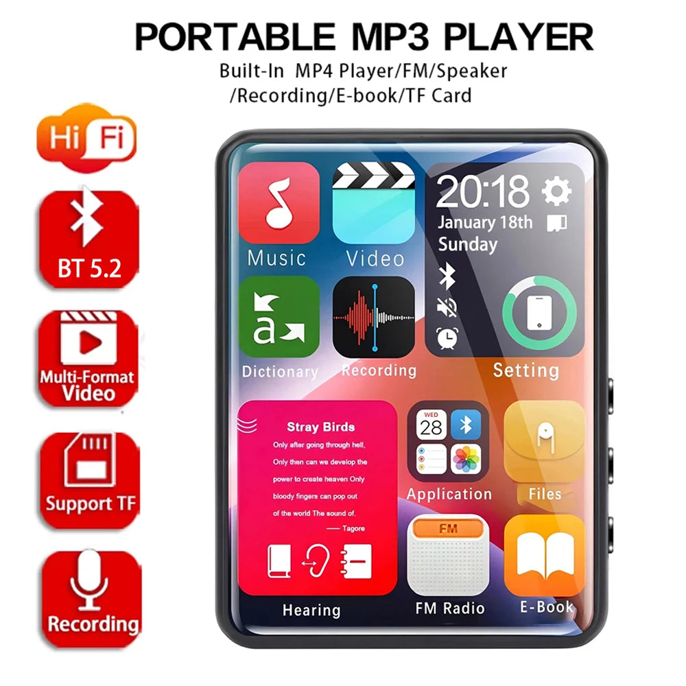 2.4-inch full-screen touchscreen MP3 player, mini Mp4 player with Bluetooth, 4-128GB, hi-fi, HD, lossless recording, FM radio, v