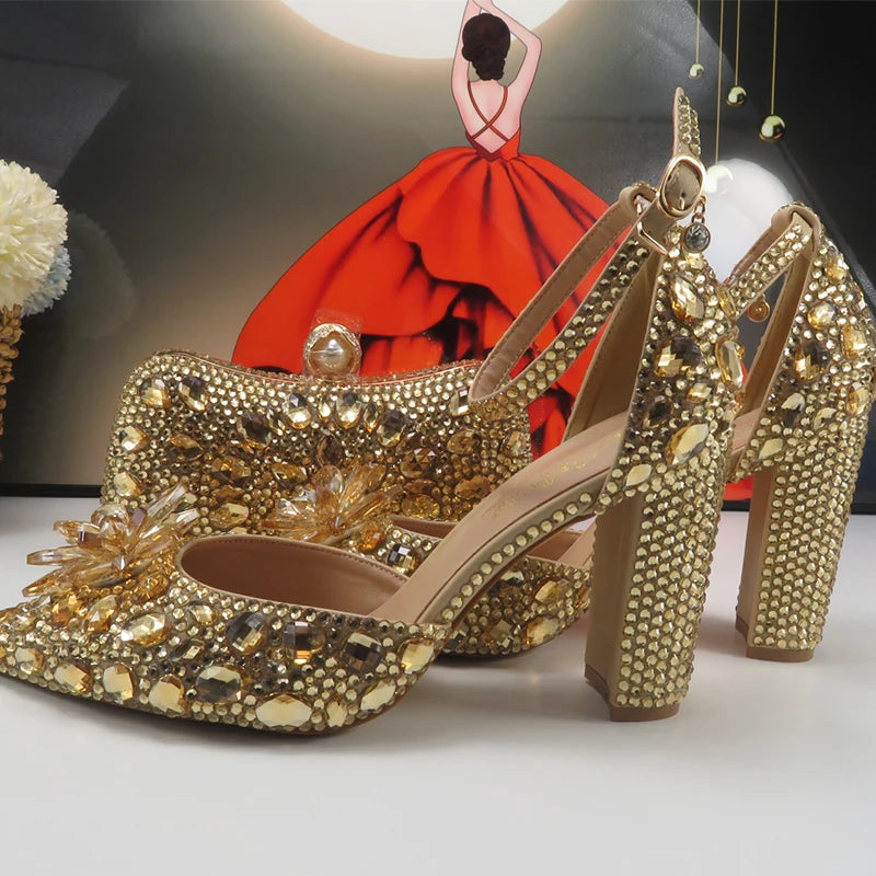 Low-Price Sales are Limited NEW Luxury Champagne Gold Wedding Shoes and Purse Set Women Bridal Fashion High Pumps Party Shoe and Bag Ankle Strap Ladies Luxury Fashion Apparel Accessories Clothing Supplies