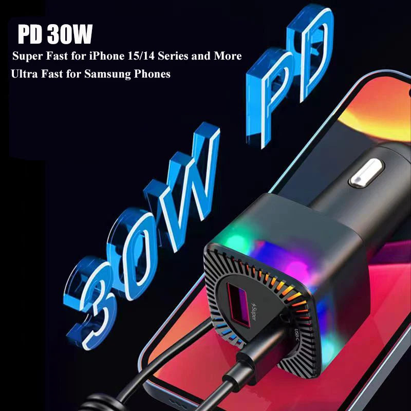 280W USB C Car Charger Adapter with Spring Cable Colorful Light PD 30W 3 in 1 Super Fast Charging for Macbook Samsung iPhone