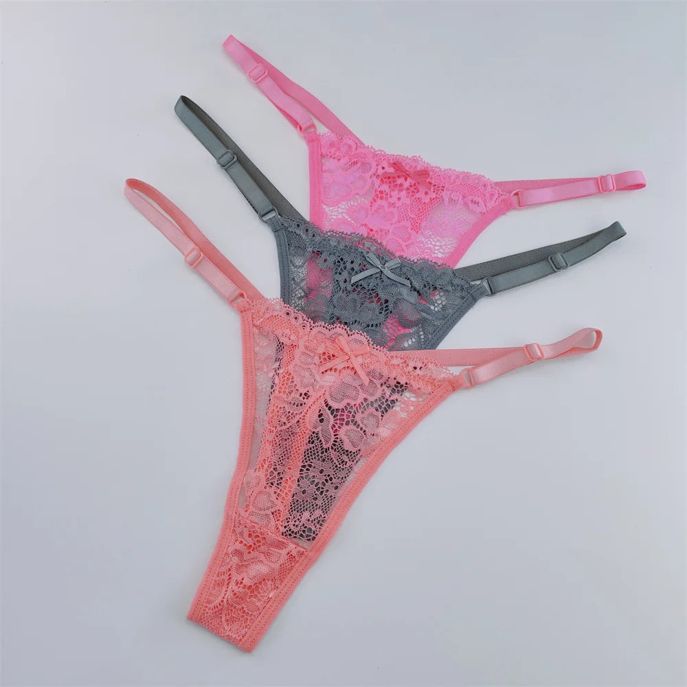 NEW Arrivals 3PCS Set Lace Thongs Women Lace Low Waist Panties Sexy Transparent Underwear Fashion Breathable G-String Ladies Intimates Lingerie