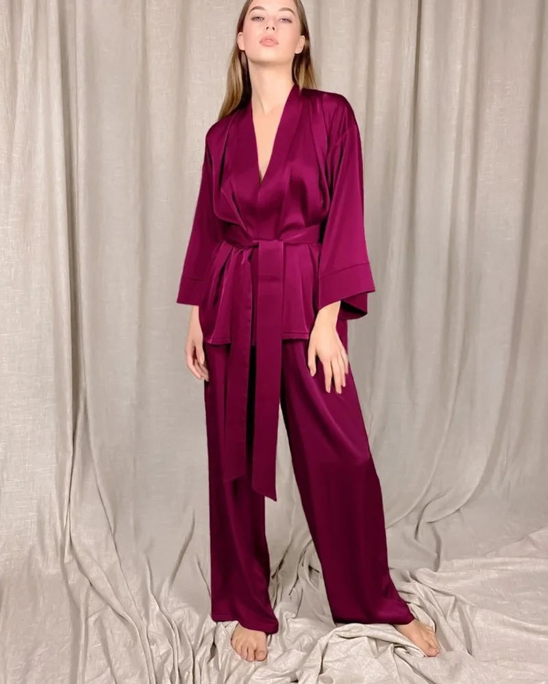 NEW 2PCS Set S-3XL Plus Size 5 Colors Solid Women Luxury Robes with Sashes Wrist Sleep Tops Satin Pants Loose Pajamas Casual Sleepwear Female Home Suits