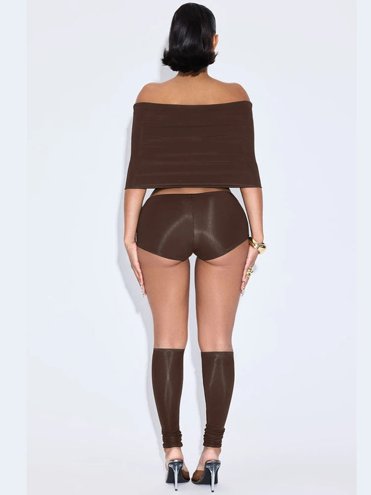 NEW 3PCS Set Black/Dark Brown Color Hipster Women Slash Neck Mid Sleeve Crop Tops +Shorts +Foot Cover Simple Summer Trend Matching Streetwear Suit
