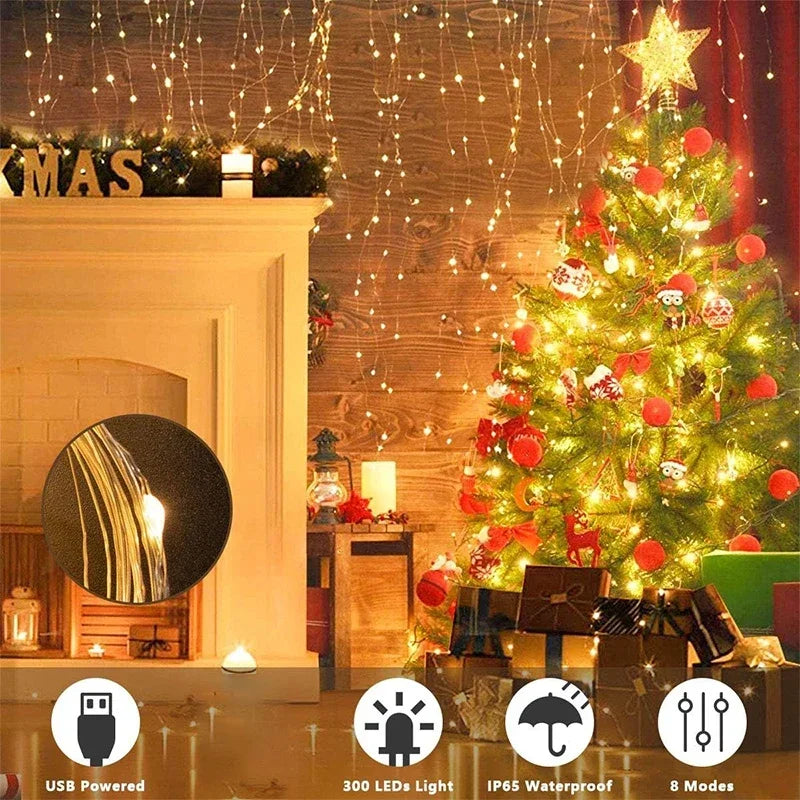 3M LED Curtain String Lights Fairy Decoration USB Holiday Garland Lamp 8 Mode For Home Garden Christmas Party New Year Eve Supplies Lighting Accessories