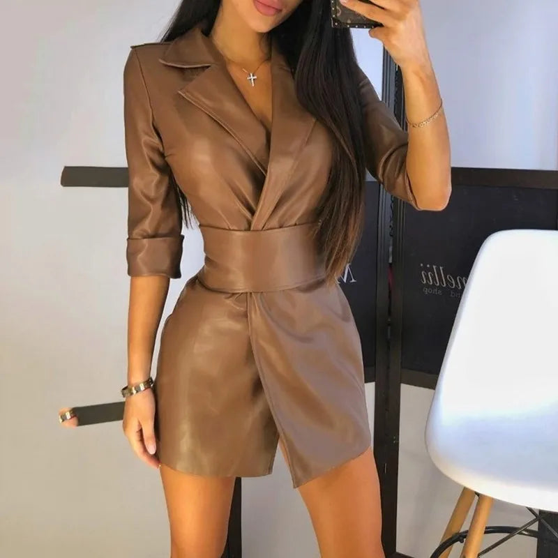 NEW Arrivals Luxury Italian Fashion Leather Women's Dress Sexy V Neck Leather Mid Length PU Leather Waist Closure Dresses Trend Turn Down Dress With Belt Ladies Luxury Fashion Clothing Supplies