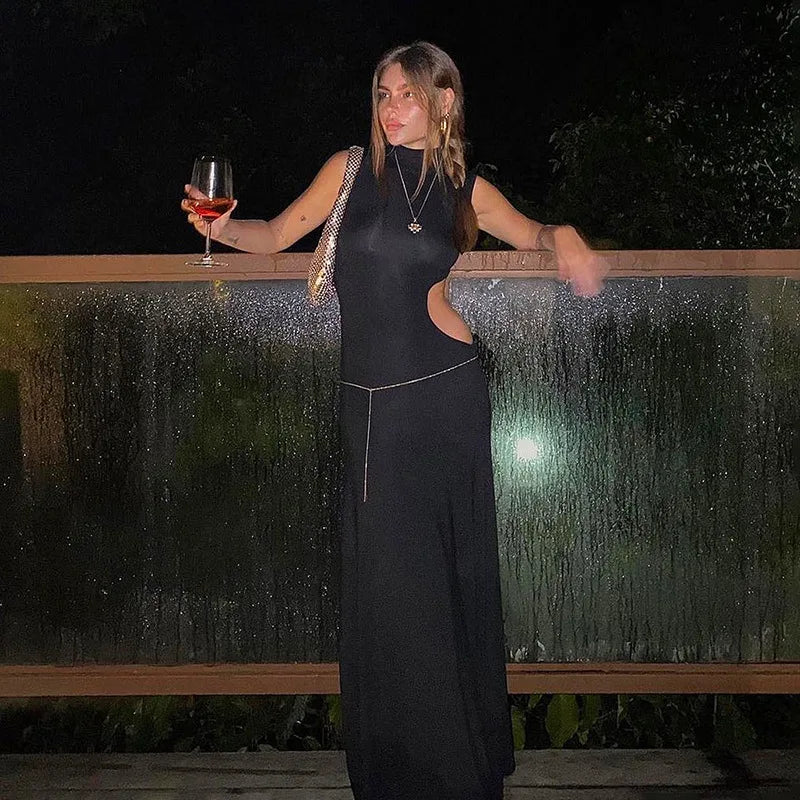 NEW Arrivals Black Cryptographic Sexy Cut Out Maxi Dress Outfits for Women Elegant Club Party Bodycon Sleeveless Tank Dresses Summer Beach Bar Party Night Clubwear