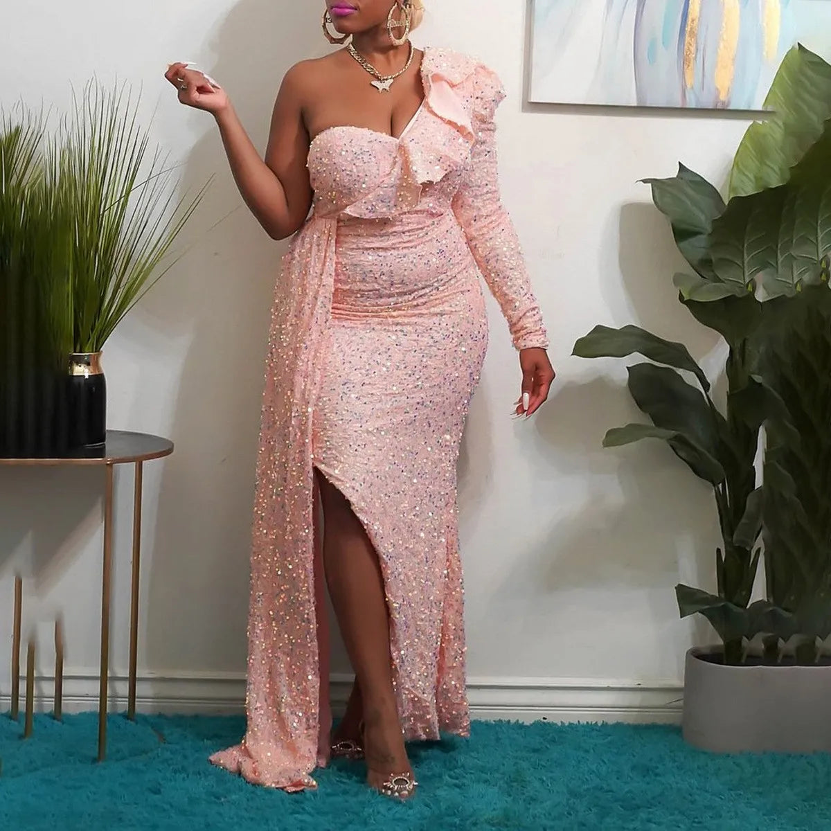 NEW Arrivals S-4XL Plus Size 7 Colors Women One Shoulder Sequin Slim High Waist Dress Autumn Winter Spring Evening Party Dress Women Sexy Ruffle Elegant Party Formal Dress