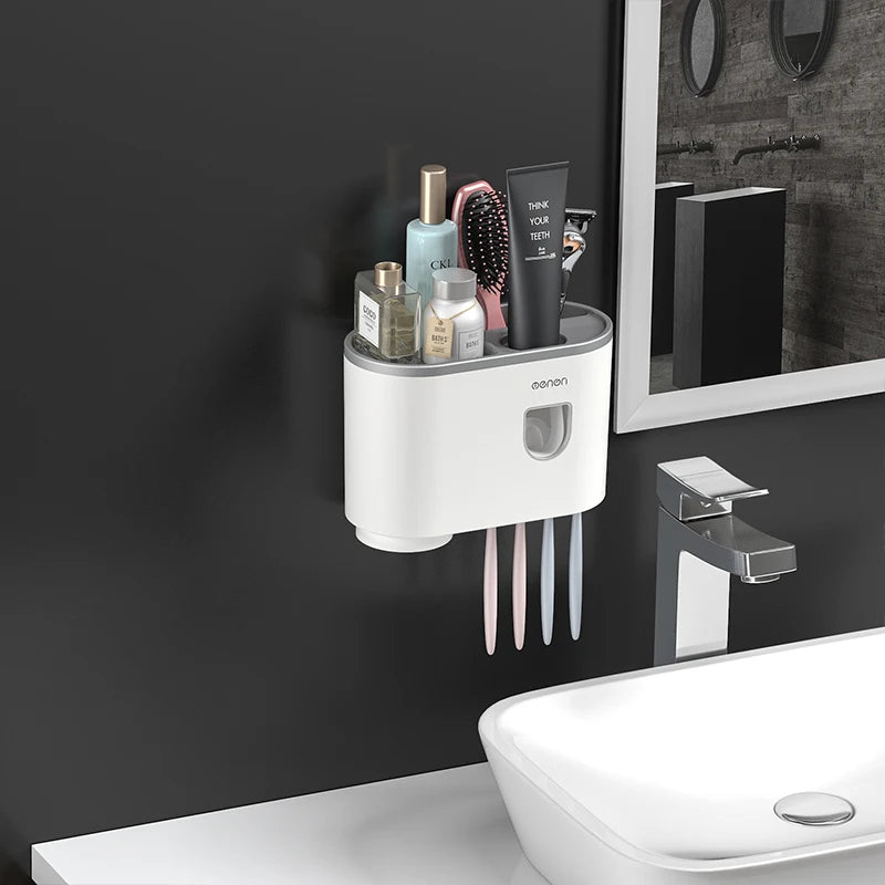 NEW Arrivals Wall-Mounted Magnetic Toothbrush Holder Automatic Toothpaste Dispenser Strong Adsorption Magnetic 5 Cups Bathroom Accessories Sets