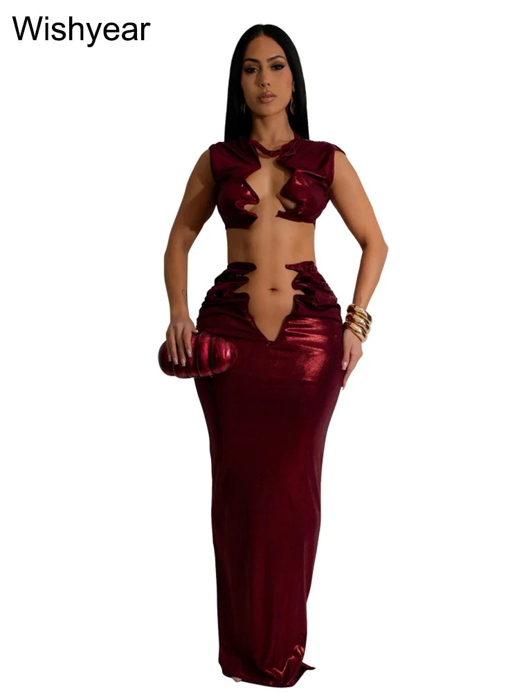Low-Price Sales are Limited New 2PCS Set Silver/Red Sexy Crop Top and Pencil Skirt Set Women Evening Party Night Club Hollow Out Elegant Birthday Evening Prom Party Outfits Girls Ladies Luxury Fashion Clothing Supplies