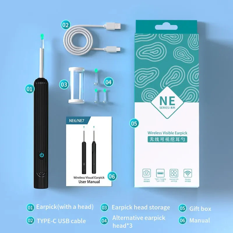 NEW Arrivals Smart Visual Ear Cleaner with Camera 1296P Ear Sticks USB C Charging Ear Wax Removal Tool WIFI Connection 6 LED Lights Earpick Medical Hygiene Accessories Health Care Supplies