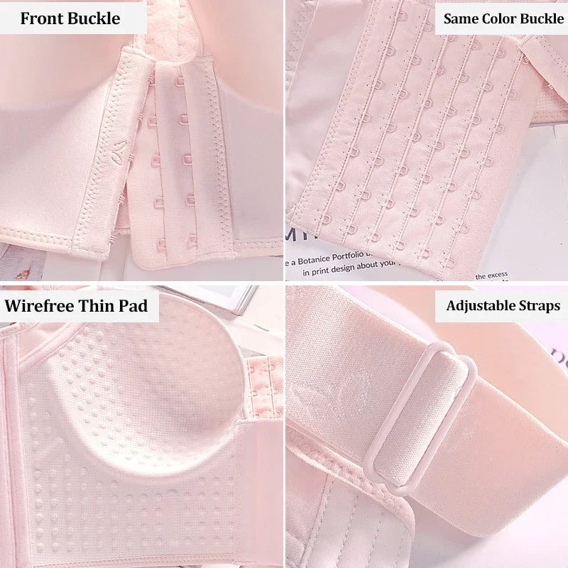 NEW Arrivals Plus Size 38(85)- 50(115) Pink/Black/Gray Colors Deep Cup Front Buckle Closure Bras Women's Hide Back Fat Full Coverage Underwear Wireless Thin Pad Luxury Shapewears