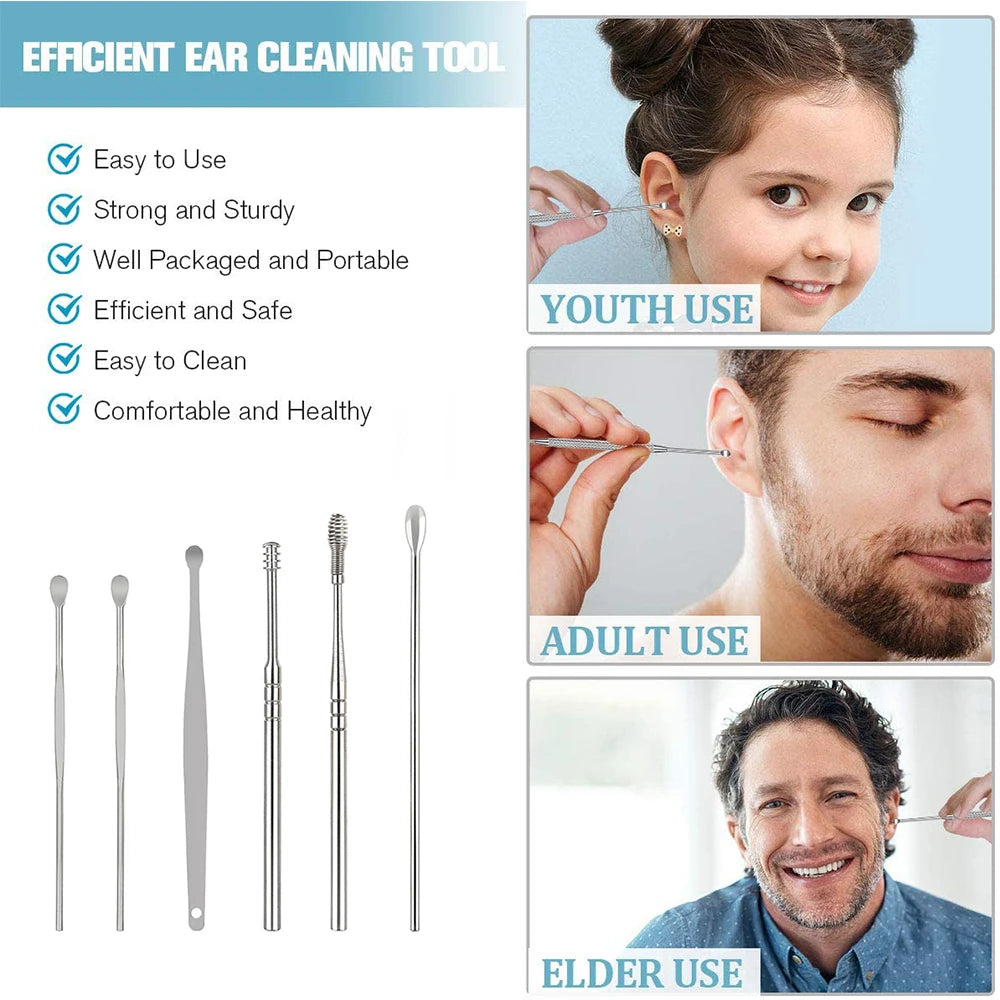 NEW Arrivals 6PCS Tube Stainless Steel Earpick Ear Cleaner Spoon Ear Care Cleaning Tool Ear Wax Removal Kit Ear Pick Vax Remover Clean Medical Accessories Hygiene Health Care Supplies