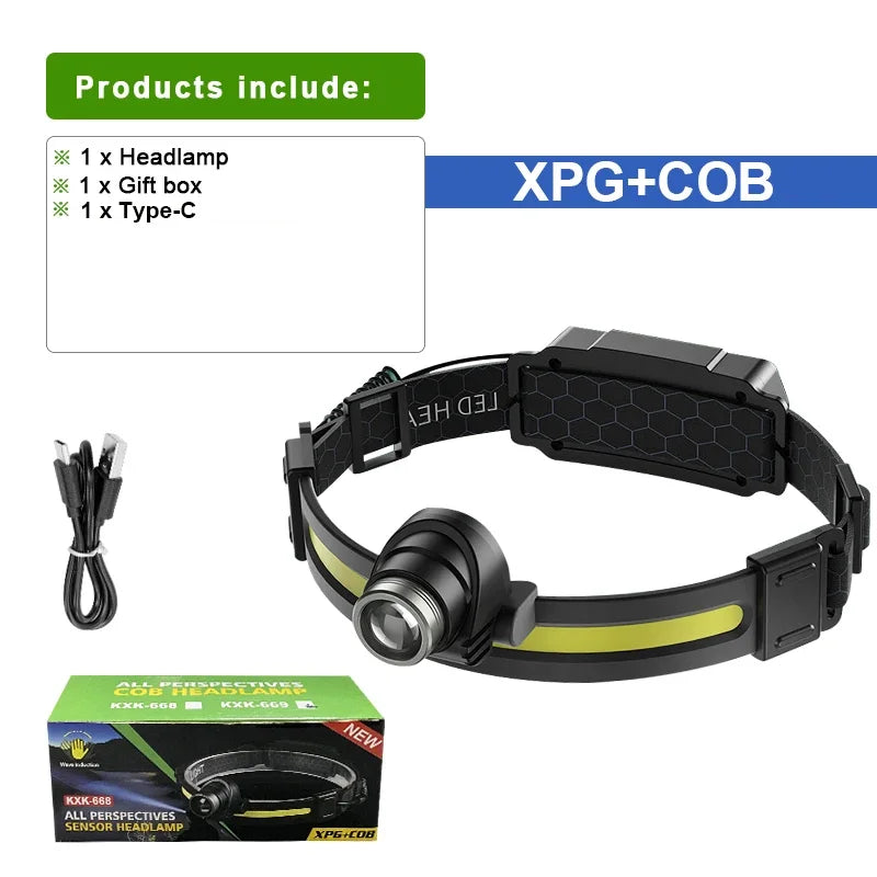 NEW Powerful LED Headlight 7 Modes Infrared Sensor XPE+COB Sensor Outdoor Camping Hunting Fishing, Cycling and Night Running