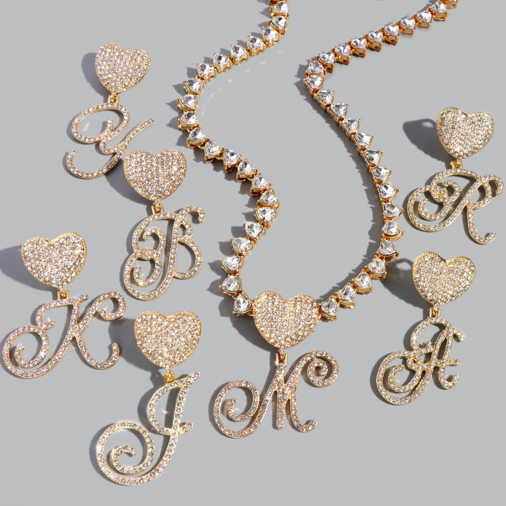 Gold/Silver Color A-Z Women’s Heart Initial Pendant Necklace, Iced Out Rhinestone Letter Charm Tennis Chain Choker, Luxury Bling Jewelry Gifts
