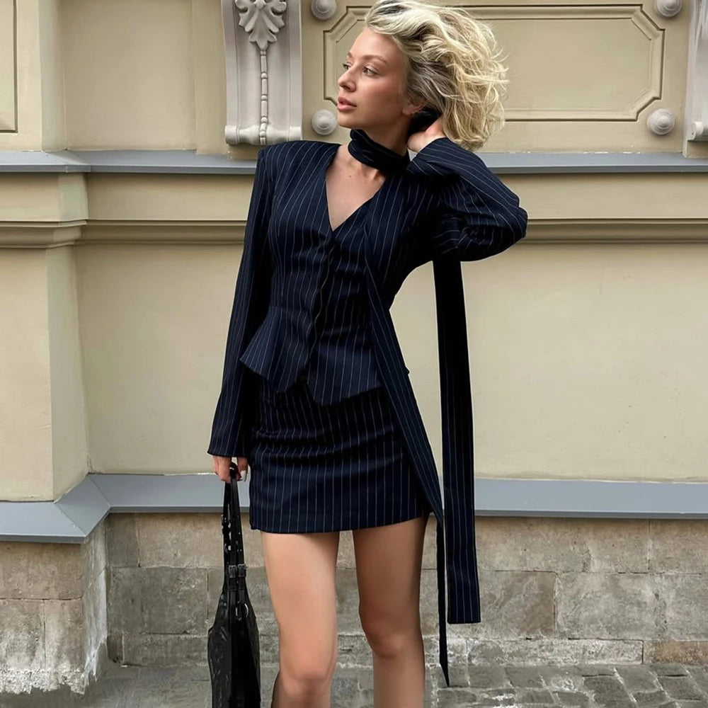 NEW 3PCS Set White/Blue Color UK Size Dress Set Women Elegant V-Neck Striped Ribbon Blazer Slim Short Dress Set Fashion Luxury Women Party Dress Set