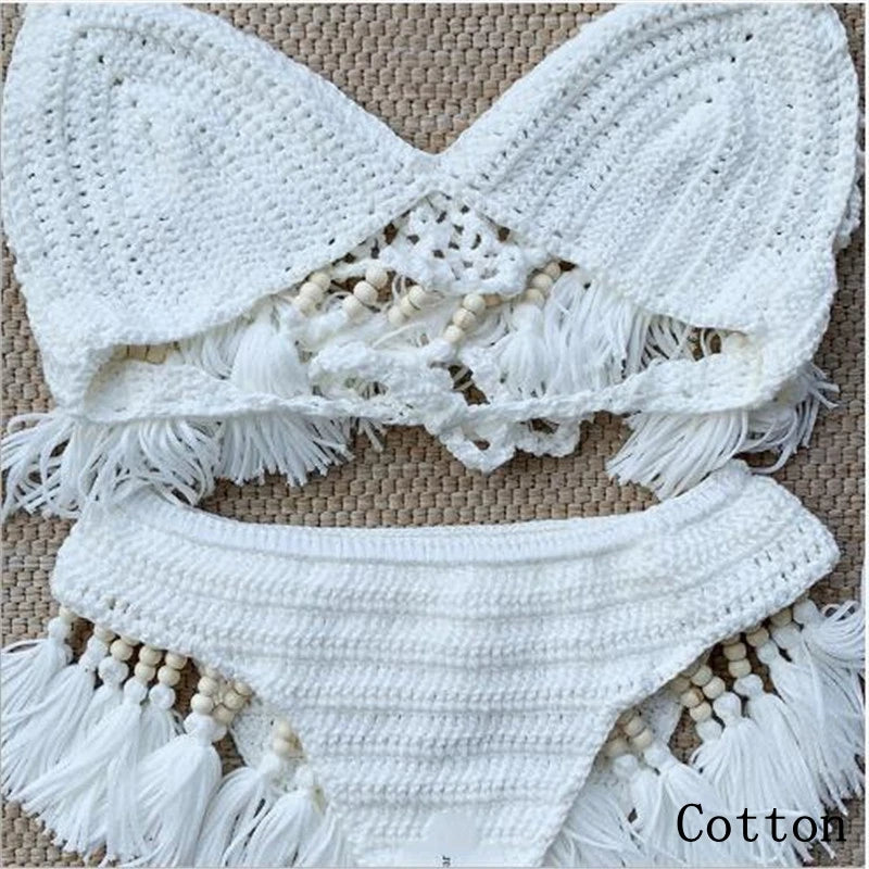 NEW Arrivals Sexy Black Crochet Bohemian Bikinis Set Women Handmade Beading Tassel Knitting Bathing Suit Swimsuit New Micro Swimwear Ladies Girls Summer Beachwear