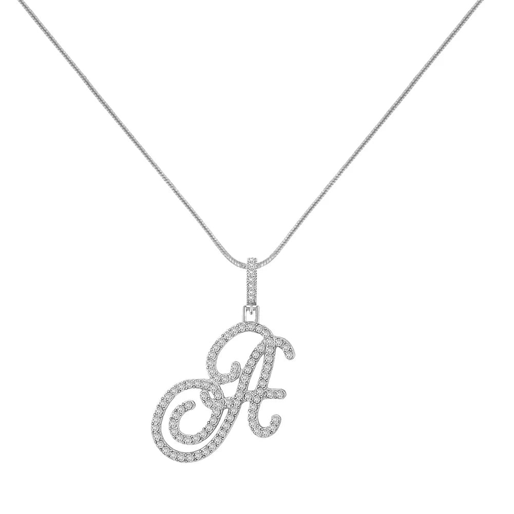 Women’s A-Z Rhinestones Initial Letters Pendant Necklace, CZ Paved Initial Charm with Snake Chain, Elegant Iced Out Bling Jewelry Gifts