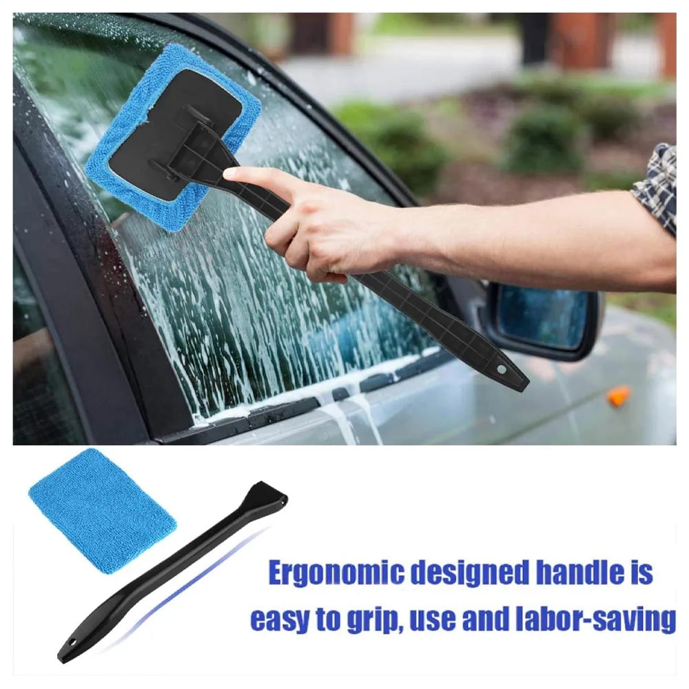 NEW 4PCS Set Car Window Defogging Cleaner Brush Kit Microfiber Windshield Cleaning Tool Auto Interior Glass Wash Wiper Long Handle Reusable Cloth Pads Car Cleaning Accessories