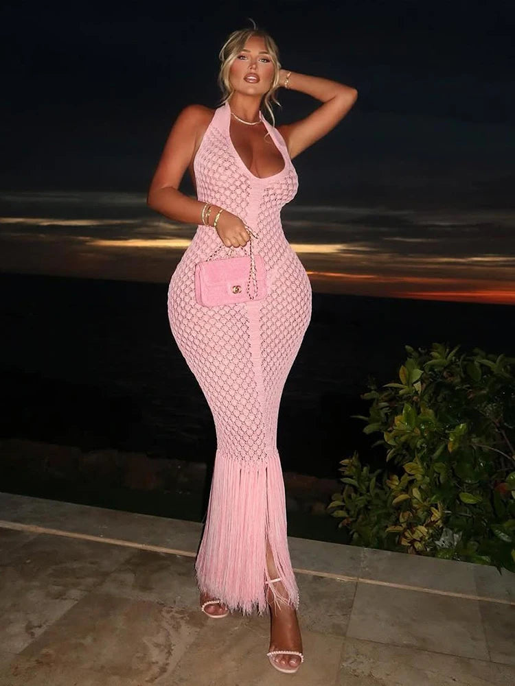 NEW Arrivals Black/White/Pink UK Size Super Sexy Halter Plaid Crochet Women See Through Maxi Dress Classic Low Neck Backless Sheath Long Gown Tassel Elegant Evening Beach Party Night Club Outfit