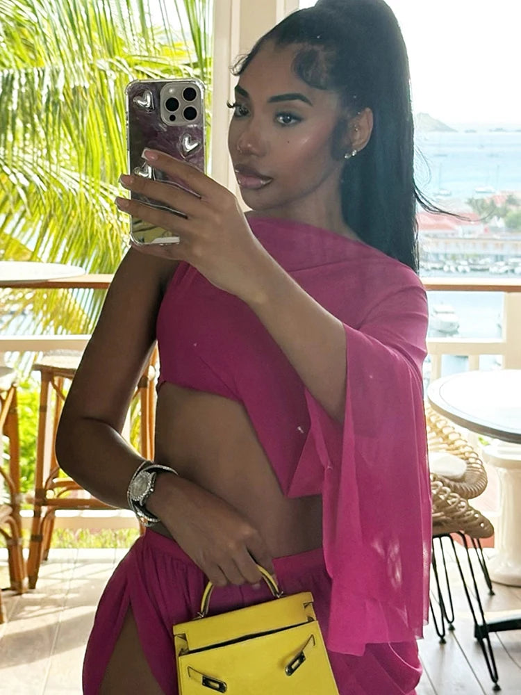 NEW 2PCS Set Blue/Rose Red Color Y2K Sexy Women See Through Midnight Irregular Full Sleeve Crop Tops+ Ruched Split Skirts Matching Clubwear Suit
