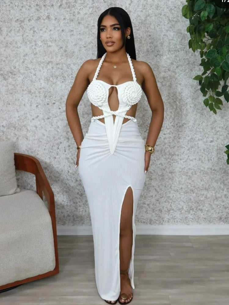 NEW S-2XL UK Plus Size 6 Colors Women's Cut-Out Ruched Maxi Dress Sexy Halter Neck Backless High Slit Bandage Party Dresses Birthday Outfits